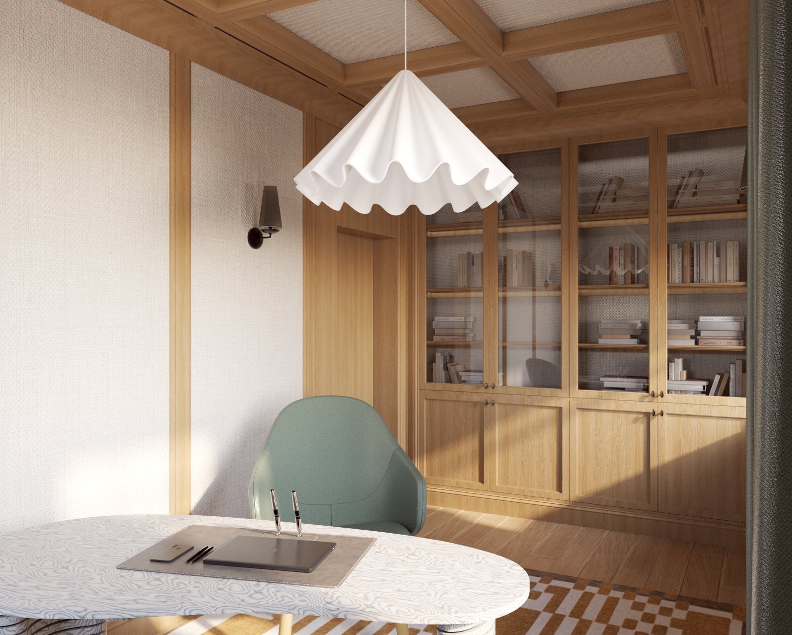 Elegancki gabinet z drewnianą biblioteczką, biurkiem o owalnym blacie i nowoczesnym krzesłem. Lampa sufitowa z falbanami dodaje wnętrzu unikalnego charakteru.
