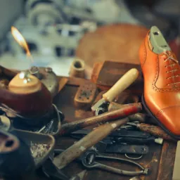 Warsztat szewski: brązowe skórzane buty na drewnianym kopycie, obok narzędzia szewskie, palnik gazowy z płomieniem, metalowe pojemniki z gwoździami i inne buty w tle.