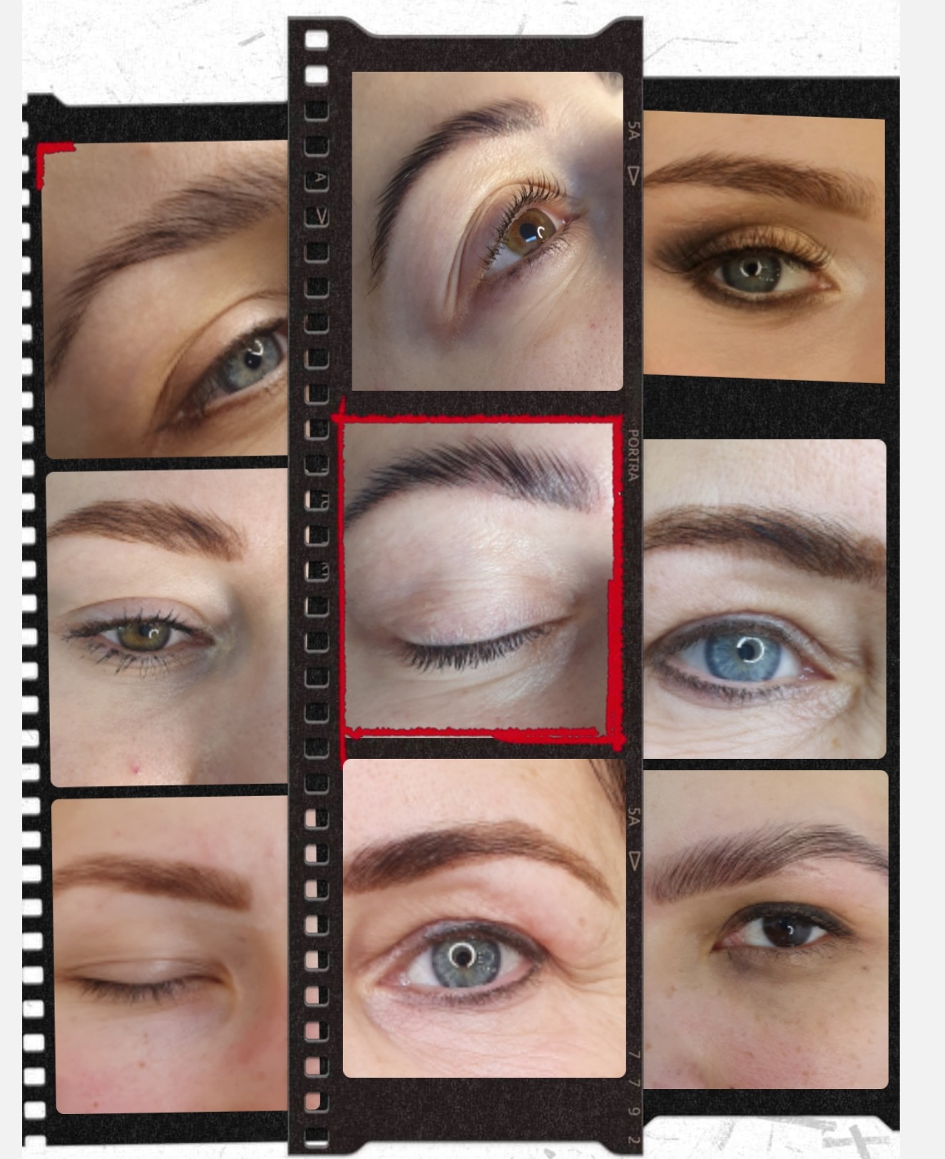Kolaż zdjęć przedstawiający zbliżenia na oczy i brwi przed i po stylizacji, ujęte w ramkę imitującą kliszę filmową.