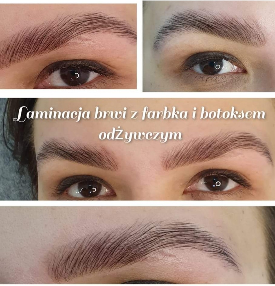 Kolaż przedstawiający brwi przed i po laminacji z farbowaniem i odżywczym botoksem, widoczne włoski ułożone w jednym kierunku, skóra gładka, zbliżenie na oczy.