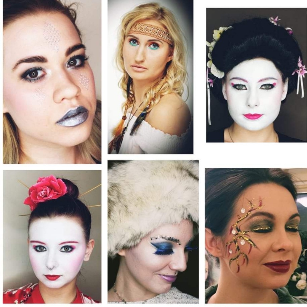 Kolaż sześciu zdjęć prezentujących różne style i techniki upiększania twarzy, w tym efekt srebrnych ust, motyw etniczny z opaską, gejsza z białym makijażem i różowymi ustami, stylizacja z futrzaną...