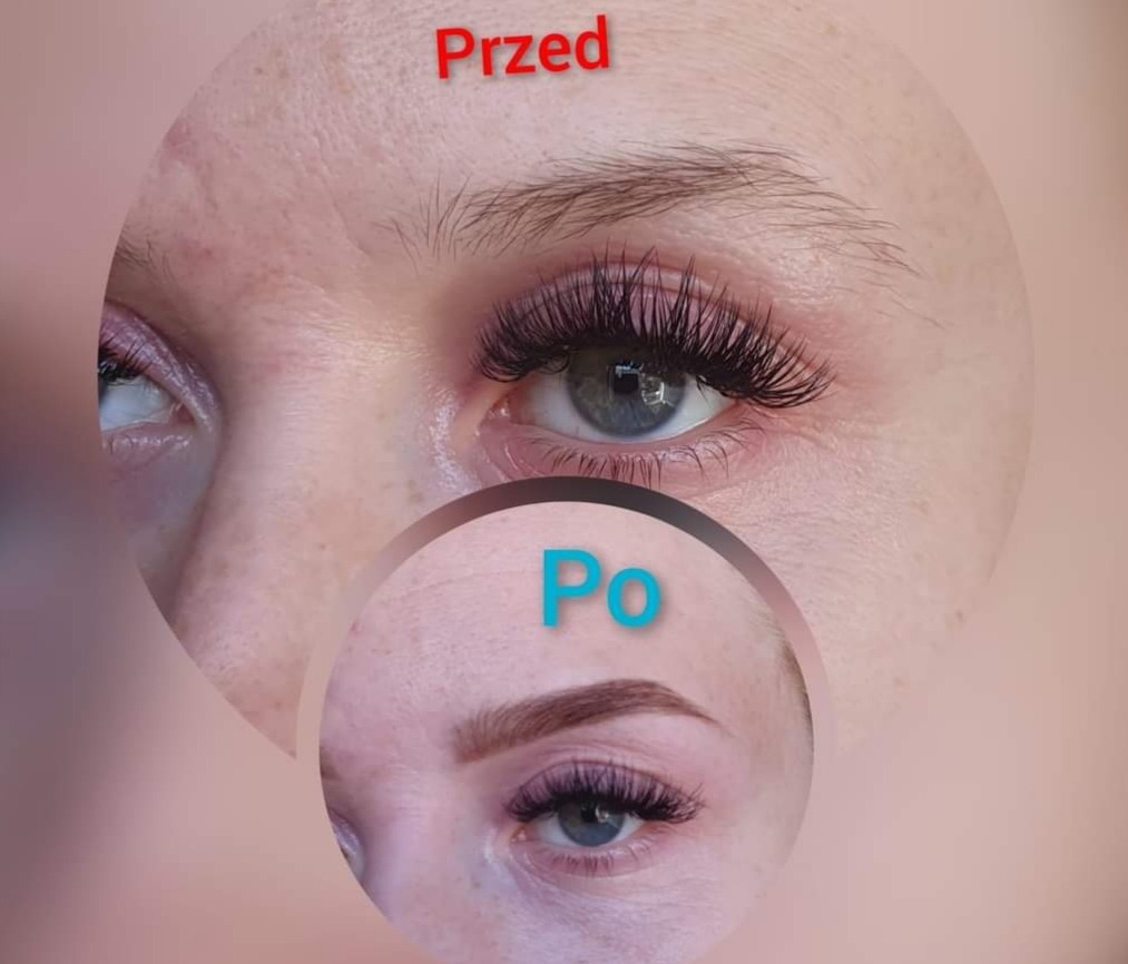 Zbliżenie na oko przed i po zabiegu przedłużania rzęs, widoczne różnice w gęstości i kształcie brwi.