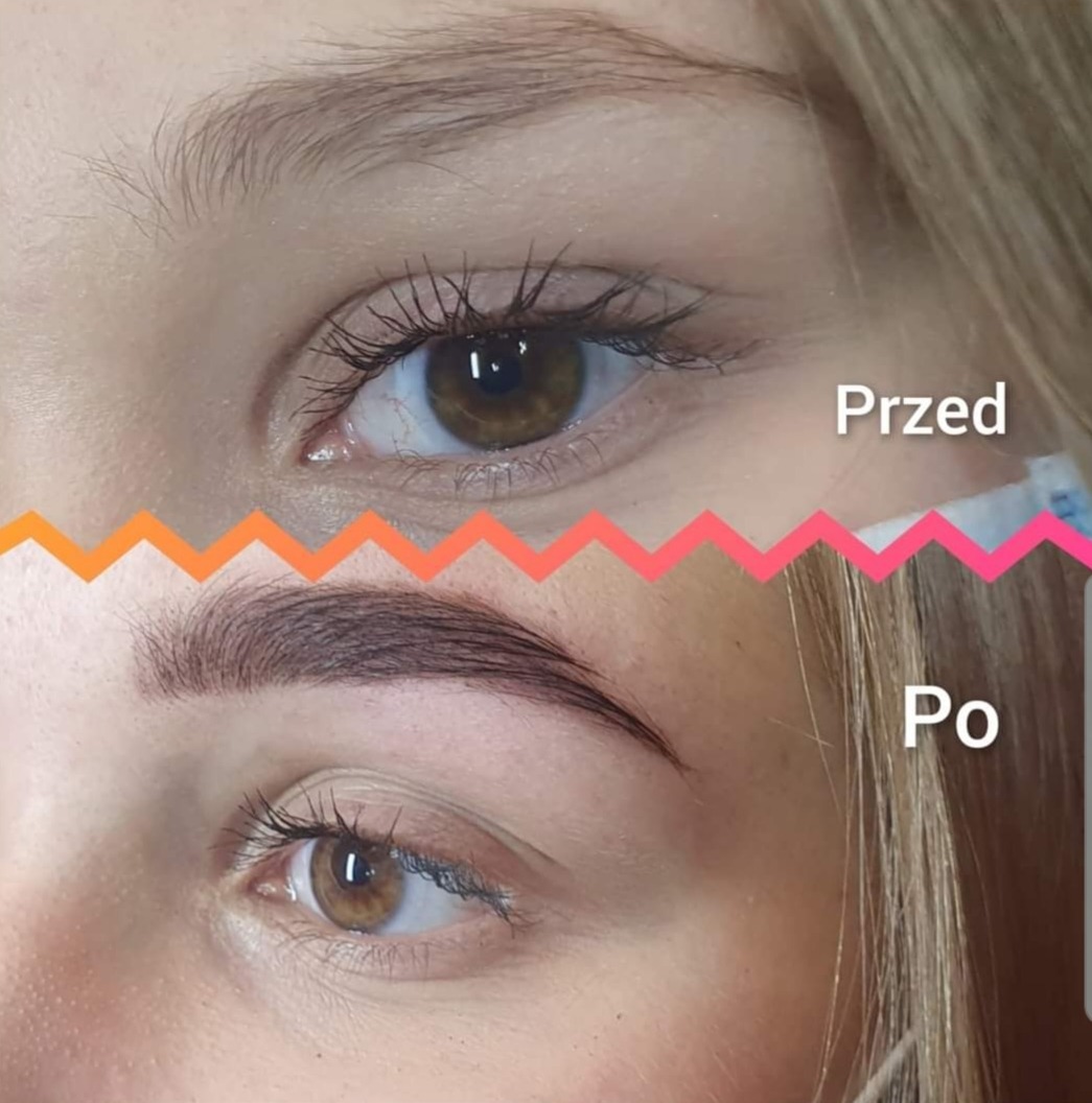 Zdjęcie 'przed i po' prezentujące metamorfozę brwi wykonaną w Gdyni, z widoczną różnicą w kształcie i kolorze.