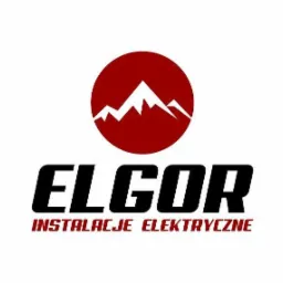 Logo firmy ELGOR Instalacje Elektryczne z symbolem góry w czerwonym okręgu na białym tle.