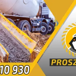 Ciężarówka z betonomieszarką w trakcie wylewania betonu przez żółtą rynnę na plac budowy, widoczny numer telefonu i logo firmy.