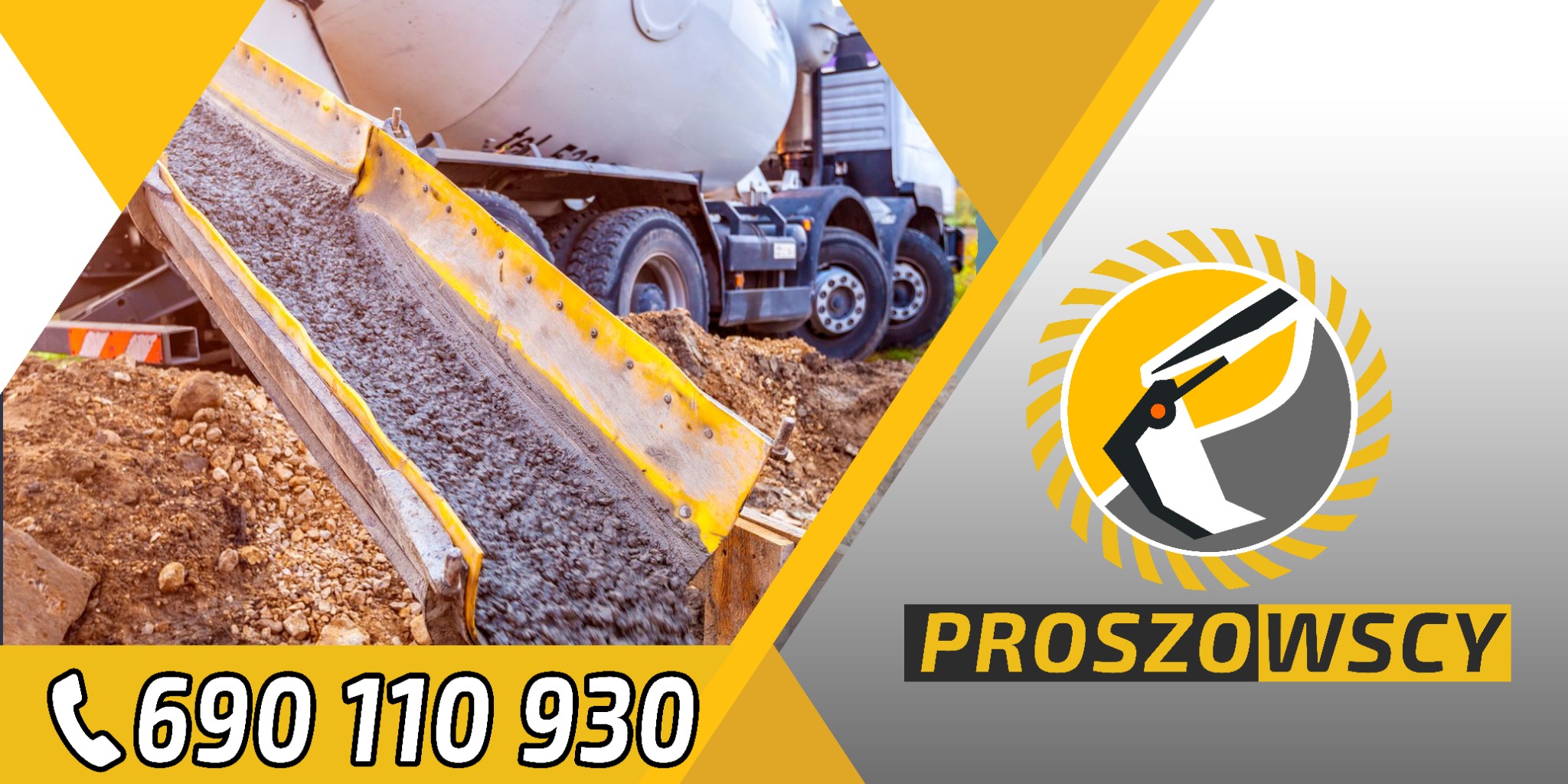 Ciężarówka z betonomieszarką w trakcie wylewania betonu przez żółtą rynnę na plac budowy, widoczne opony ciężarówki, logo firmy i numer telefonu na graficznym tle.