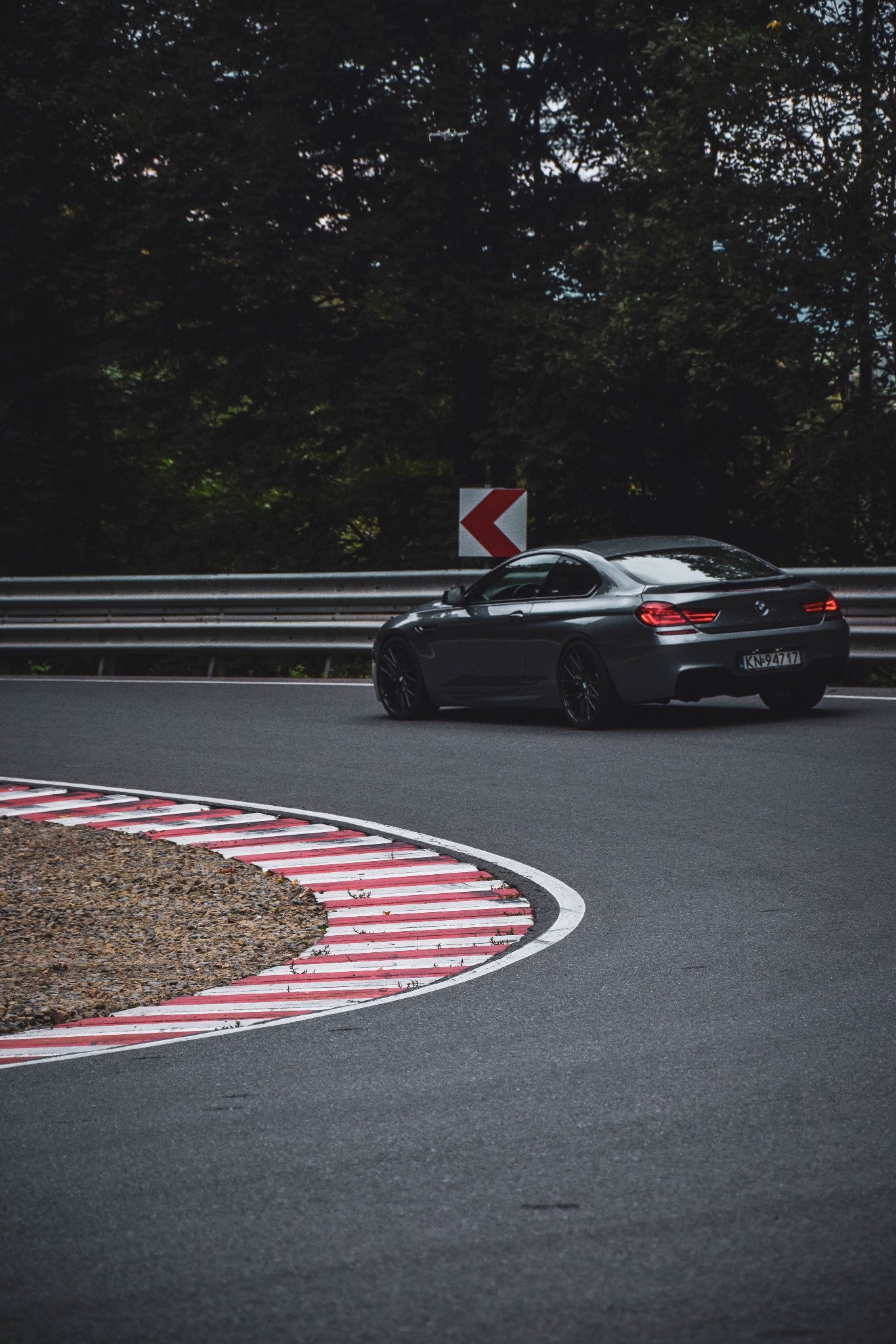 Szary samochód BMW M6 na zakręcie toru wyścigowego z czerwono-białymi pasami krawężnika, znak drogowy w tle.