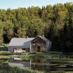 Nowoczesny dom z szarą elewacją i dużymi oknami, z garażem i samochodem, położony nad jeziorem z łodzią żaglową i otoczony lasem.