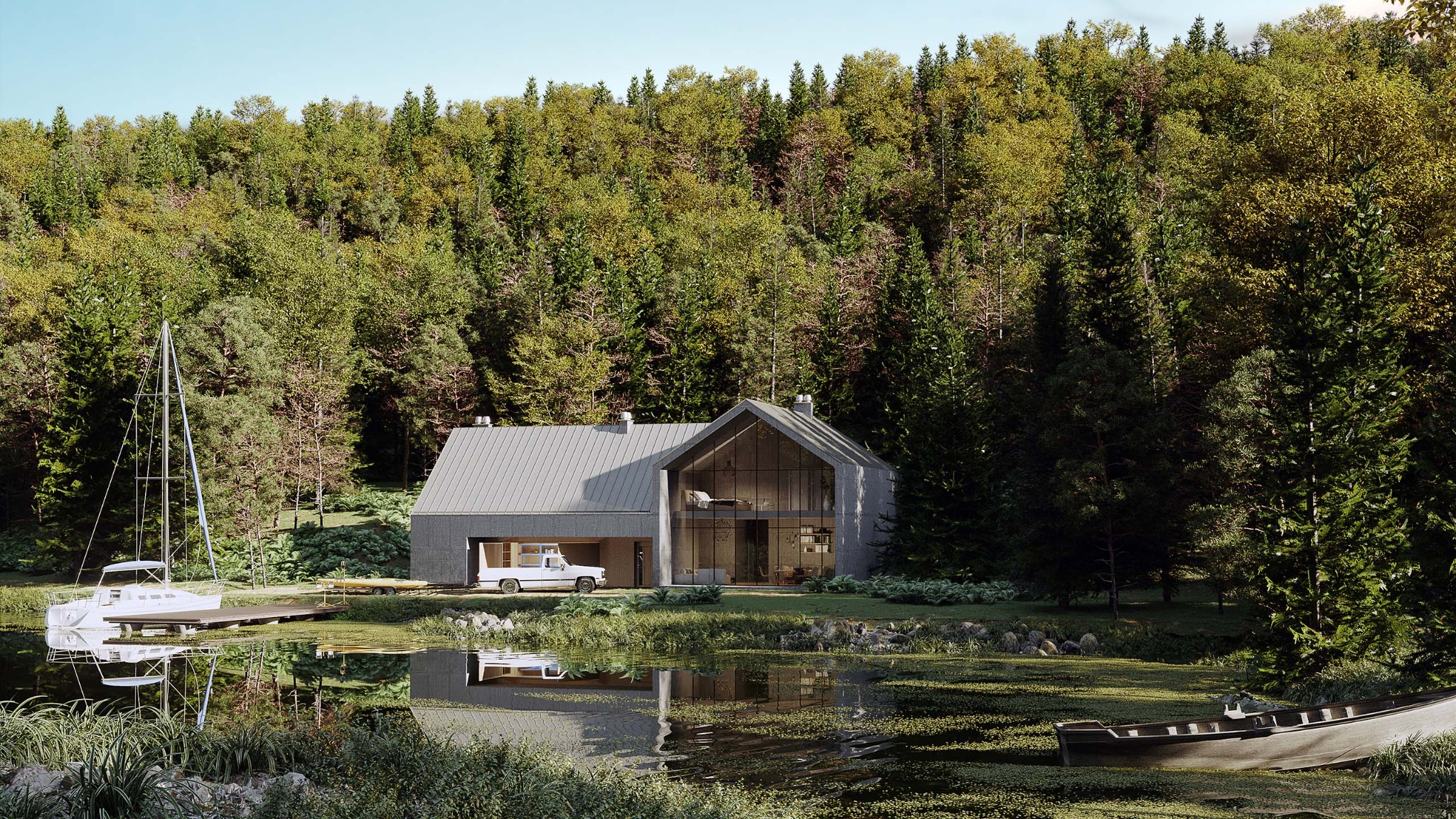 Nowoczesny dom z szarą elewacją i dużymi oknami, z garażem i samochodem, położony nad jeziorem z łodzią żaglową i otoczony lasem.