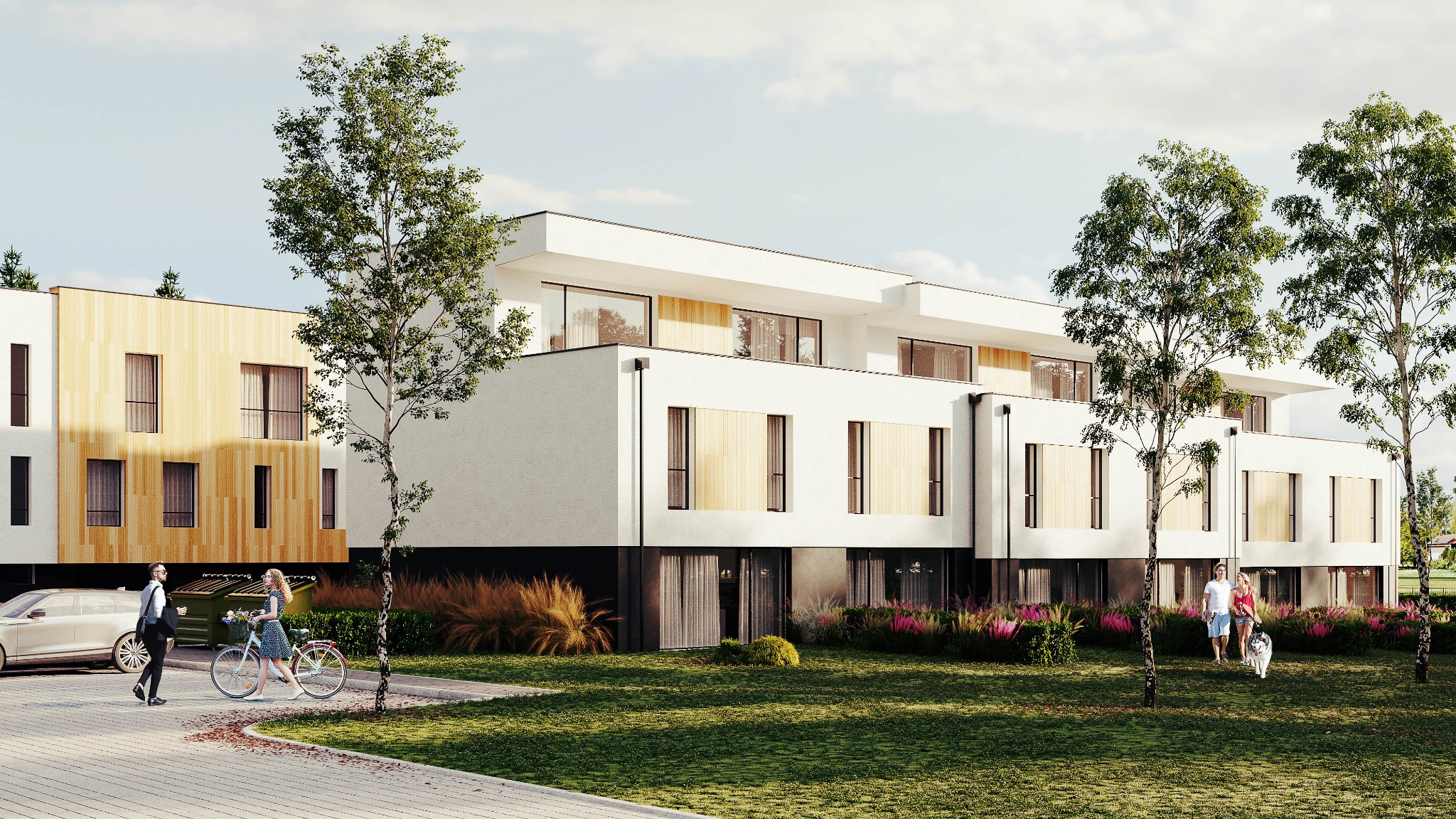 Wizualizacja szeregu nowoczesnych domów z białymi elewacjami i drewnianymi akcentami, otoczonych zielenią, z parą spacerującą z psem i kobietą na rowerze w tle.