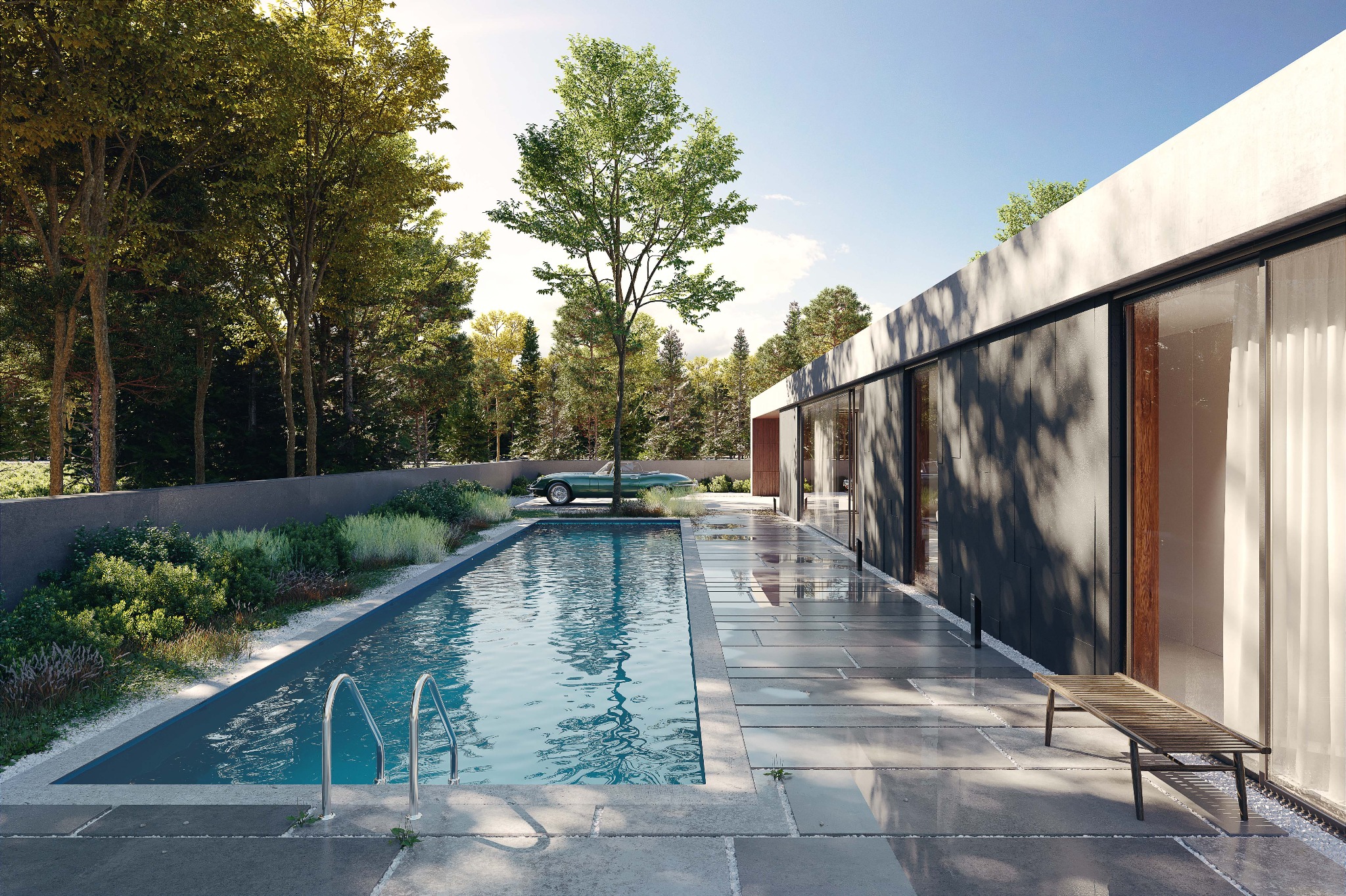 Nowoczesny dom z basenem i zielonym Jaguarem w tle, otoczony drzewami i starannie zaprojektowanym ogrodem.