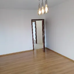 Puste pomieszczenie z nową podłogą z paneli laminowanych, białymi ścianami i nowoczesną lampą wiszącą z trzema szklanymi kloszami. Otwarta, drewniana rama drzwiowa prowadzi do kolejnego pomieszczenia.