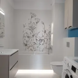 Jasna łazienka z akcentem kwiatowym na ścianie, podświetleniem pod wanną i szafką umywalkową. Minimalistyczny design z pralką w rogu.
