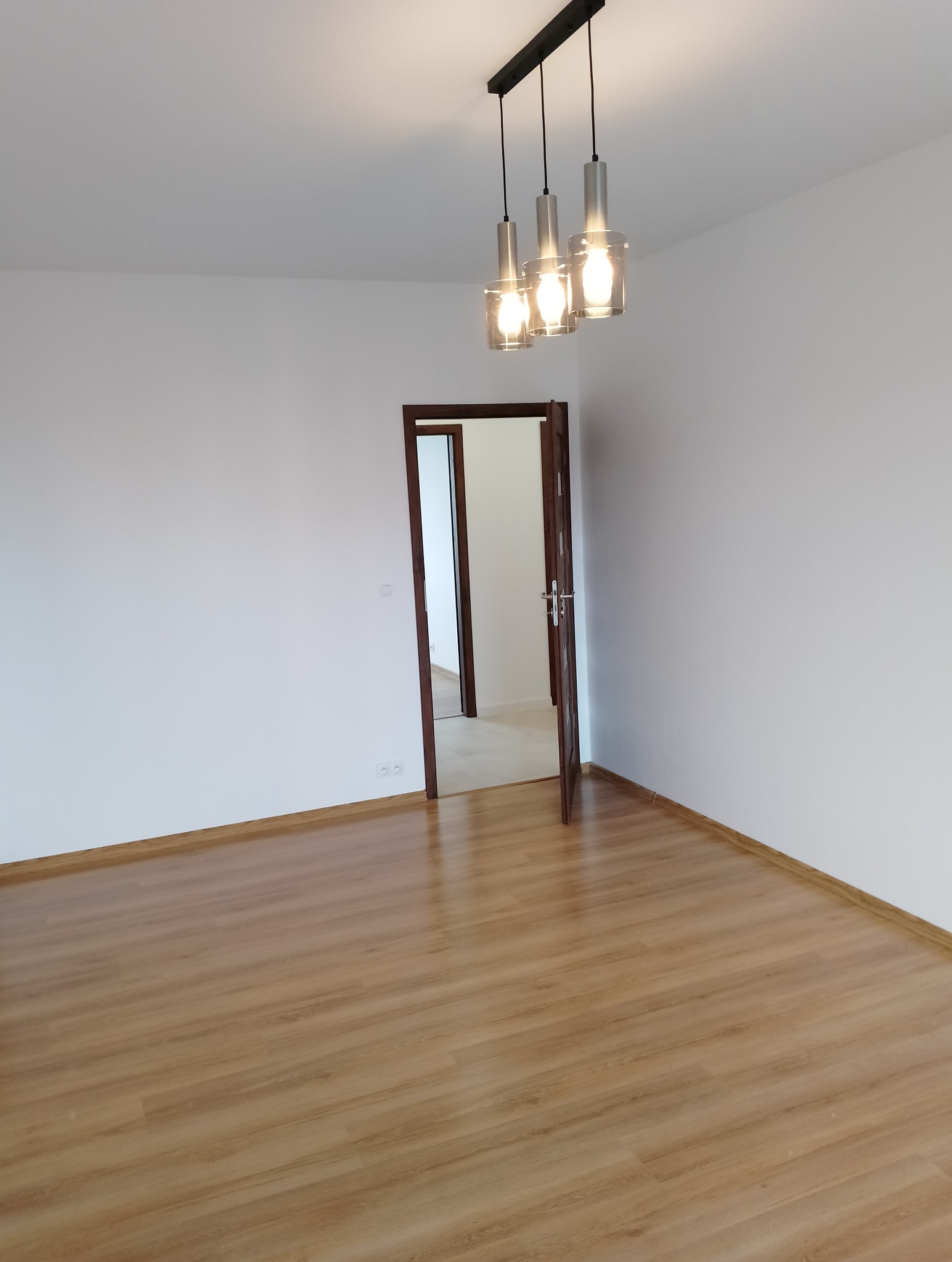 Puste pomieszczenie z nową podłogą z paneli laminowanych, białymi ścianami i nowoczesną lampą wiszącą z trzema szklanymi kloszami. Otwarta, drewniana rama drzwiowa prowadzi do kolejnego pomieszczenia.