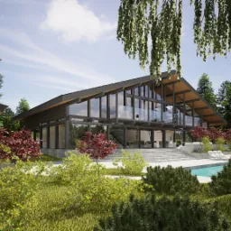 Wizualizacja nowoczesnego domu z dużymi przeszkleniami i drewnianą konstrukcją dachu, otoczonego zielenią z basenem i leżakami w ogrodzie.