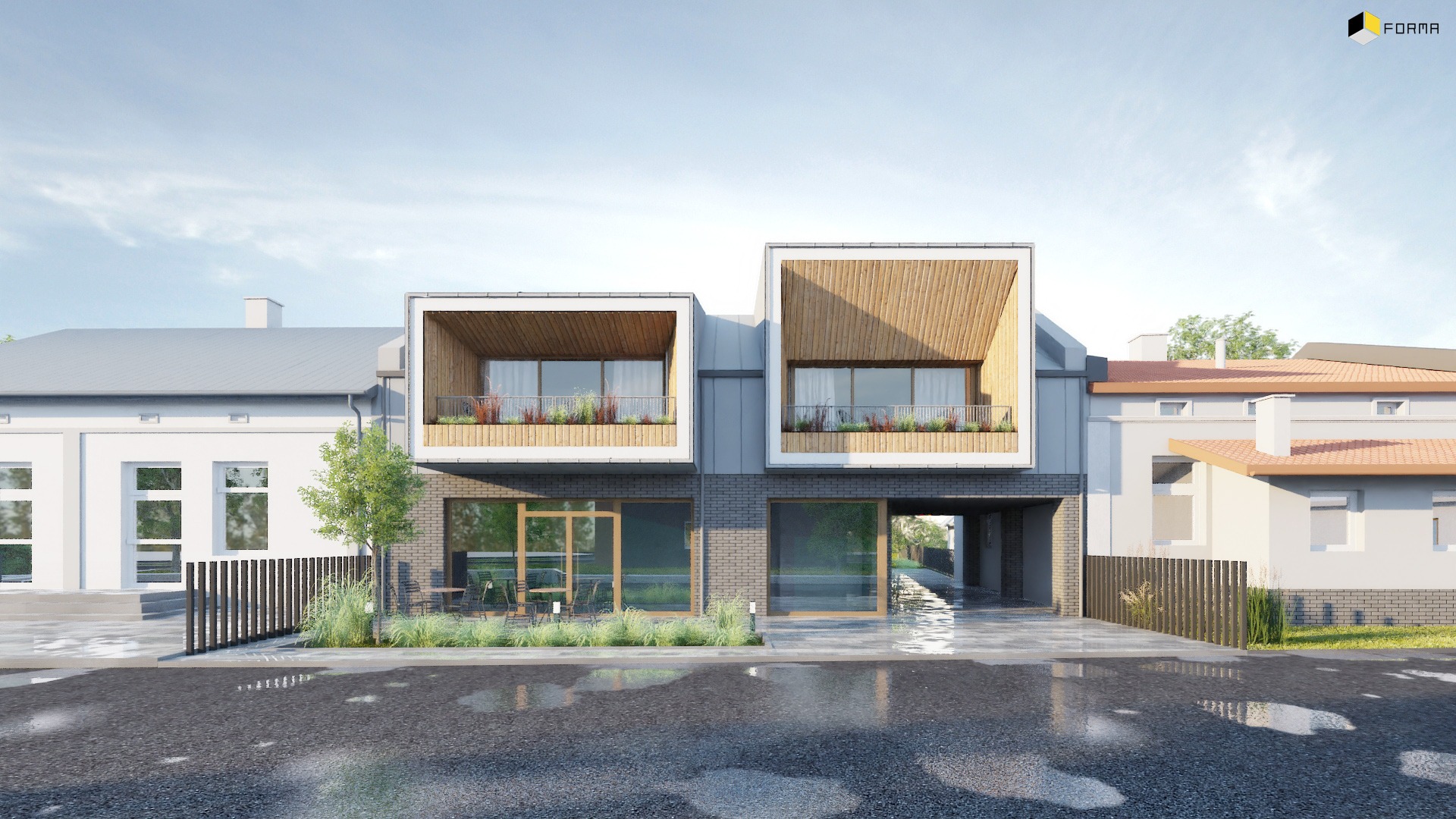 Wizualizacja budynku usługowego z dwoma kubicznymi nadbudówkami z drewnianym wykończeniem balkonów, na parterze przeszklone wejścia, widok na mokry chodnik po deszczu, logo firmy w prawym górnym rogu.