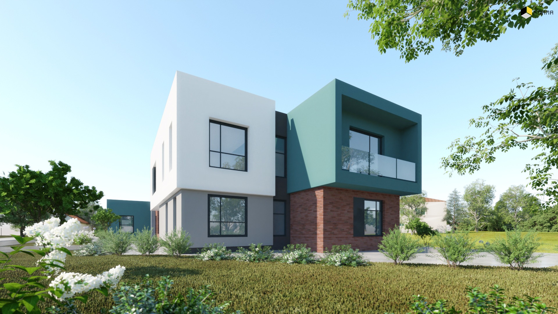 Wizualizacja nowoczesnego domu z dwoma prostopadłościennymi bryłami: białą i zieloną, połączonymi szarą częścią. Część zielona wykończona cegłą, z balkonem z szklaną balustradą. W tle zieleń...