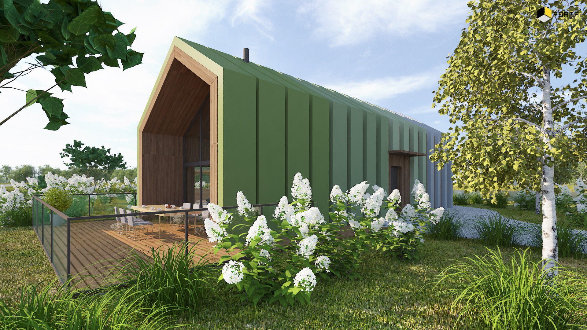 Wizualizacja nowoczesnego domu z zieloną elewacją, drewnianą konstrukcją dachu i tarasem z widokiem na ogród, otoczonego kwitnącymi hortensjami i brzozą.