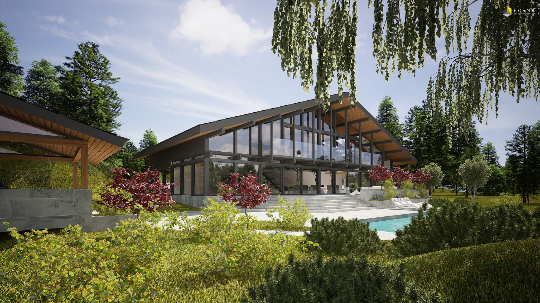 Wizualizacja nowoczesnego domu z dużymi przeszkleniami i drewnianą konstrukcją dachu, otoczonego zielenią z basenem i leżakami w ogrodzie.
