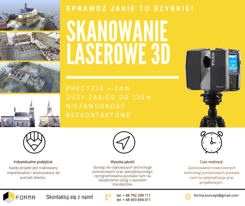 Żółty plakat reklamowy skanowania laserowego 3D budynków, prezentujący skaner Faro Focus, przykładowe skany budynków i kościołów oraz logo firmy Forma.