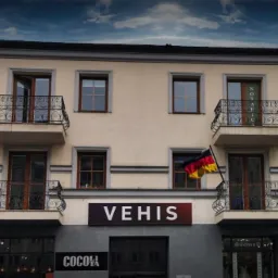 Elewacja kamienicy z balkonami, na których wiszą flagi Polski i Niemiec, nad wejściem szyld 'VEHIS' oraz logo Germanitas w prawym górnym rogu.