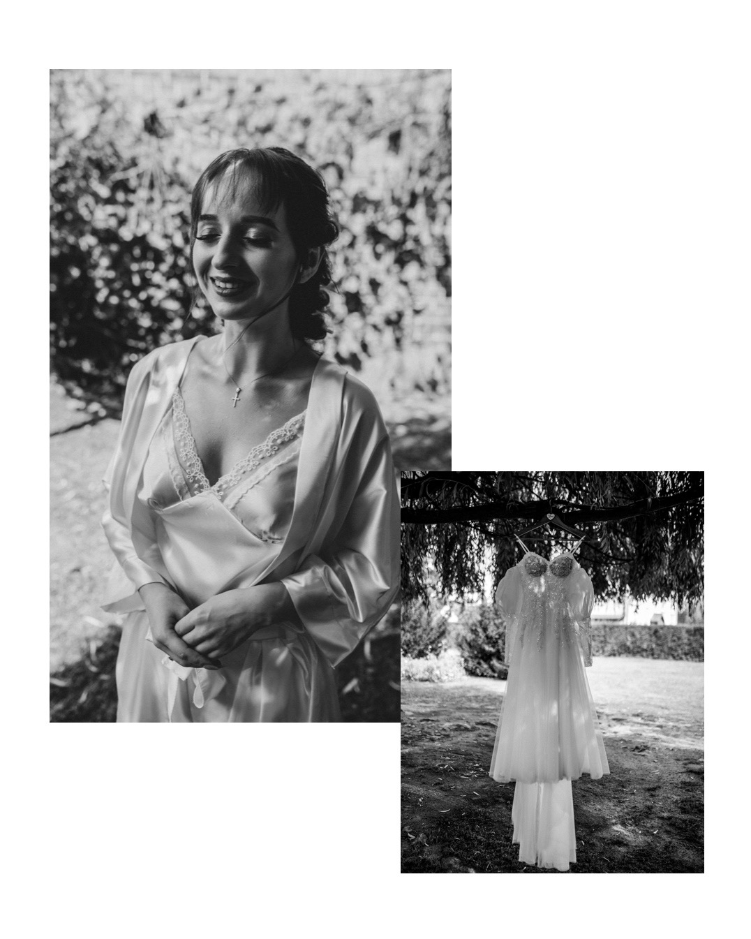Czarno-białe zdjęcie: uśmiechnięta panna młoda w satynowym szlafroku i sukienka ślubna wisząca na drzewie w tle.