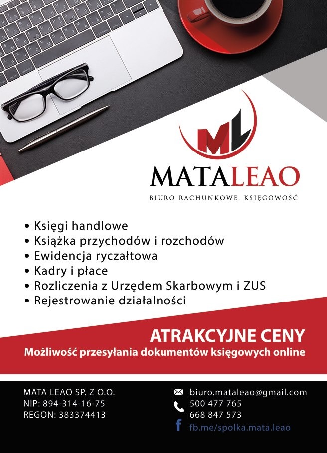 Reklama biura rachunkowego Mataleao z laptopem, okularami i filiżanką kawy na biurku, oferującego księgi handlowe, książkę przychodów i rozchodów, ewidencję ryczałtową, kadry i płace, rozliczenia...