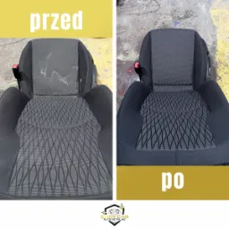 Tapicerka fotela samochodowego: widok przed i po czyszczeniu, z wyraźną różnicą w czystości i odświeżonym wzorze.