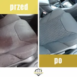 Tapicerka samochodowa: widok przed i po czyszczeniu, ukazujący różnicę w wyglądzie i czystości materiału.