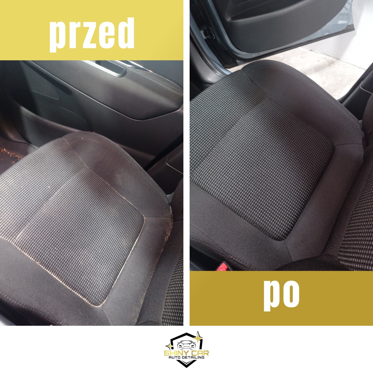 Porównanie fotela samochodowego przed i po czyszczeniu: po lewej widoczny brud i plamy, po prawej czysty, odświeżony materiał z widocznym zapięciem pasów.