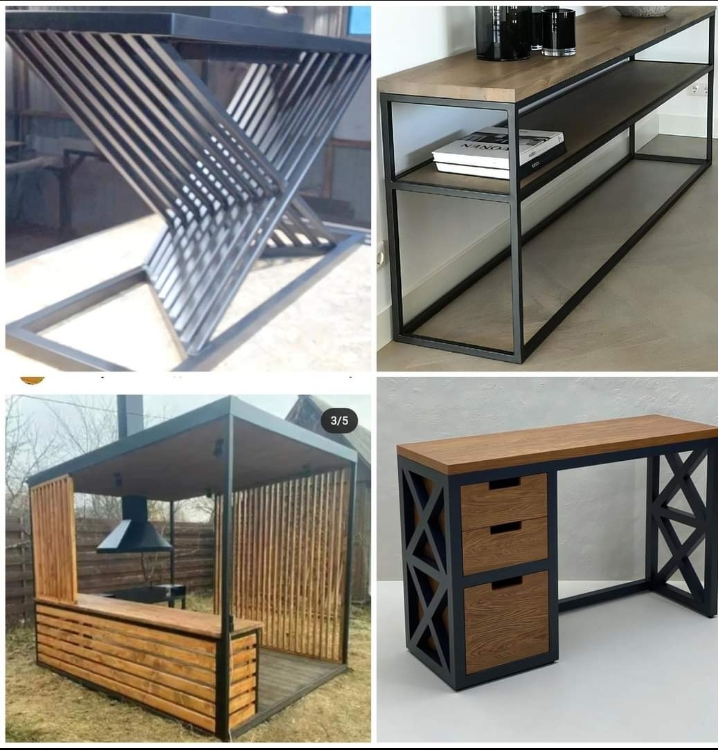 Kolaż czterech zdjęć przedstawiających różne konstrukcje z metalu i drewna: stolik kawowy z metalowymi prętami, regał z drewnianymi półkami i metalową ramą, zadaszona konstrukcja z grillem...