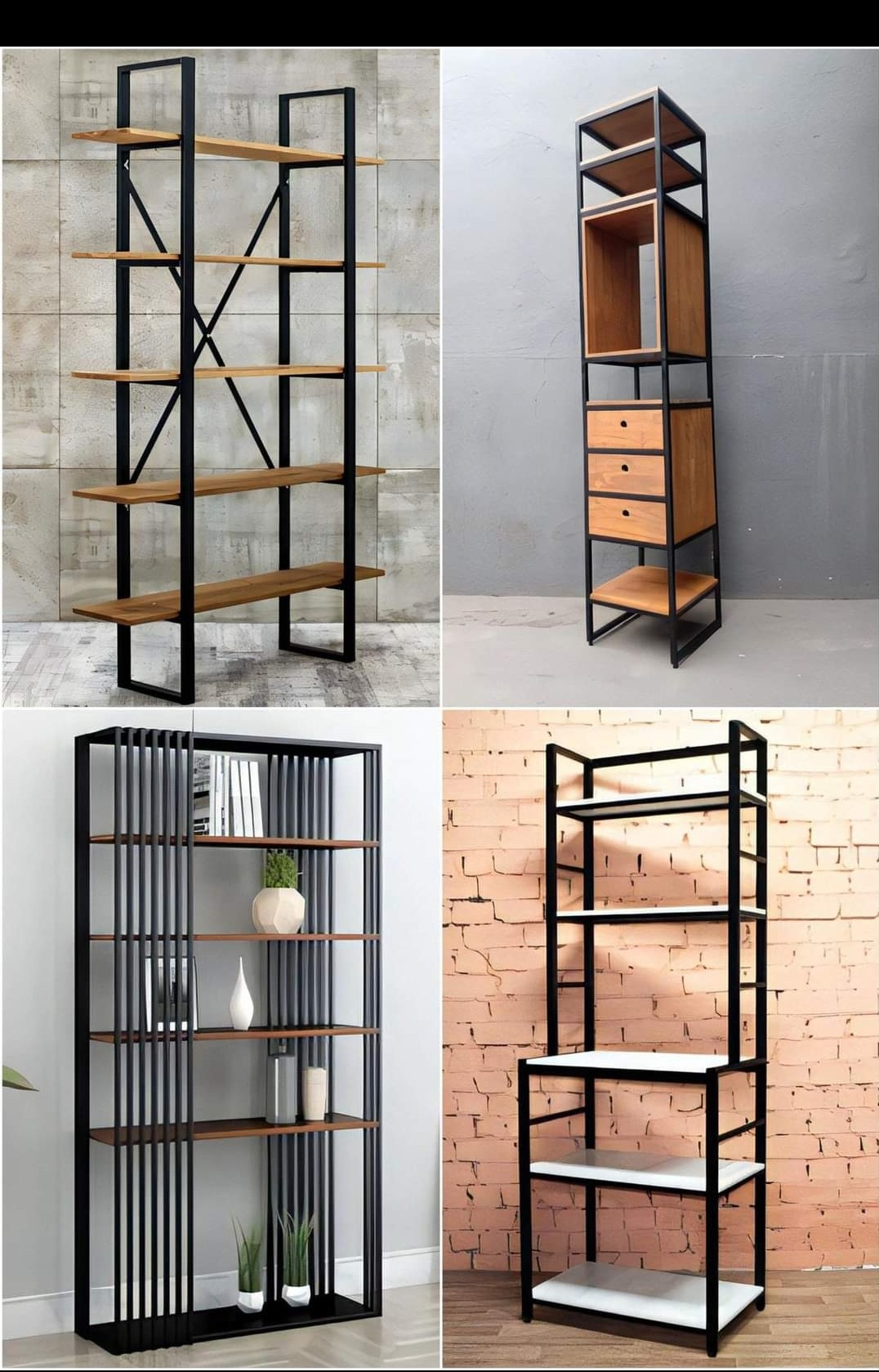 Kolaż czterech zdjęć przedstawiających nowoczesne regały z metalowymi ramami i drewnianymi półkami, każdy w innym stylu i na innym tle.