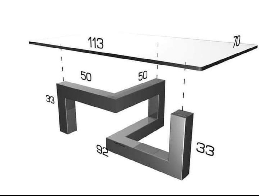 Schematyczny rysunek 3D stołu z blatem i metalową podstawą w kształcie litery Z, z naniesionymi wymiarami w milimetrach.