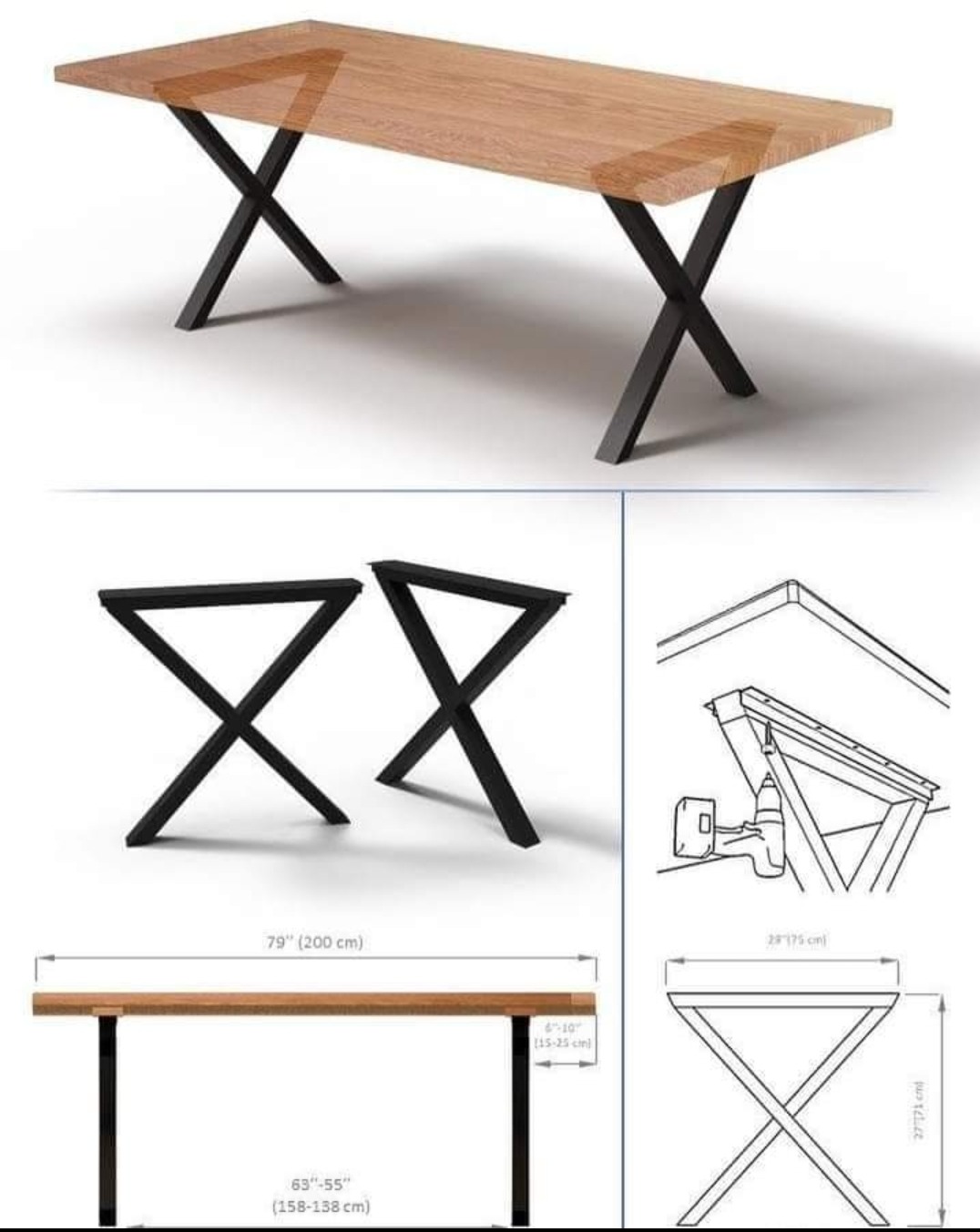 Wizualizacja stołu z blatem z jasnego drewna i metalowymi nogami w kształcie litery X, wraz ze schematami technicznymi prezentującymi wymiary i sposób montażu nóg.