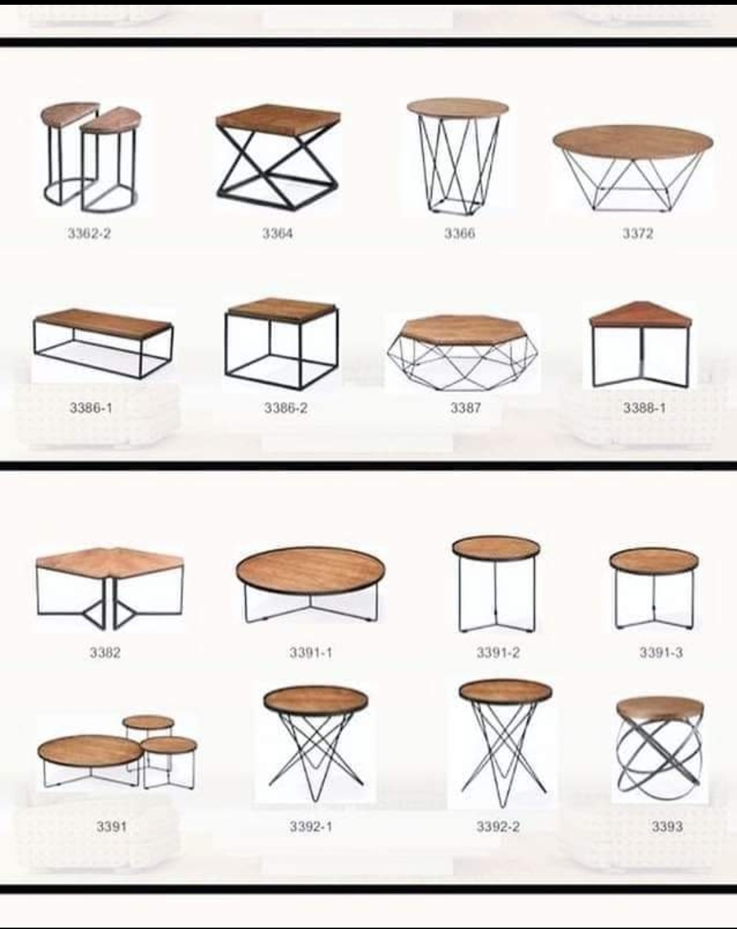 Katalog z różnymi modelami stolików kawowych z drewnianymi blatami i metalowymi nogami o geometrycznych kształtach na białym tle.