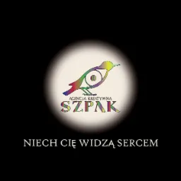 Kolorowe logo agencji kreatywnej przedstawiające ptaka z okiem, umieszczone na ciemnym tle z hasłem 'NIECH CIĘ WIDZĄ SERCEM'.