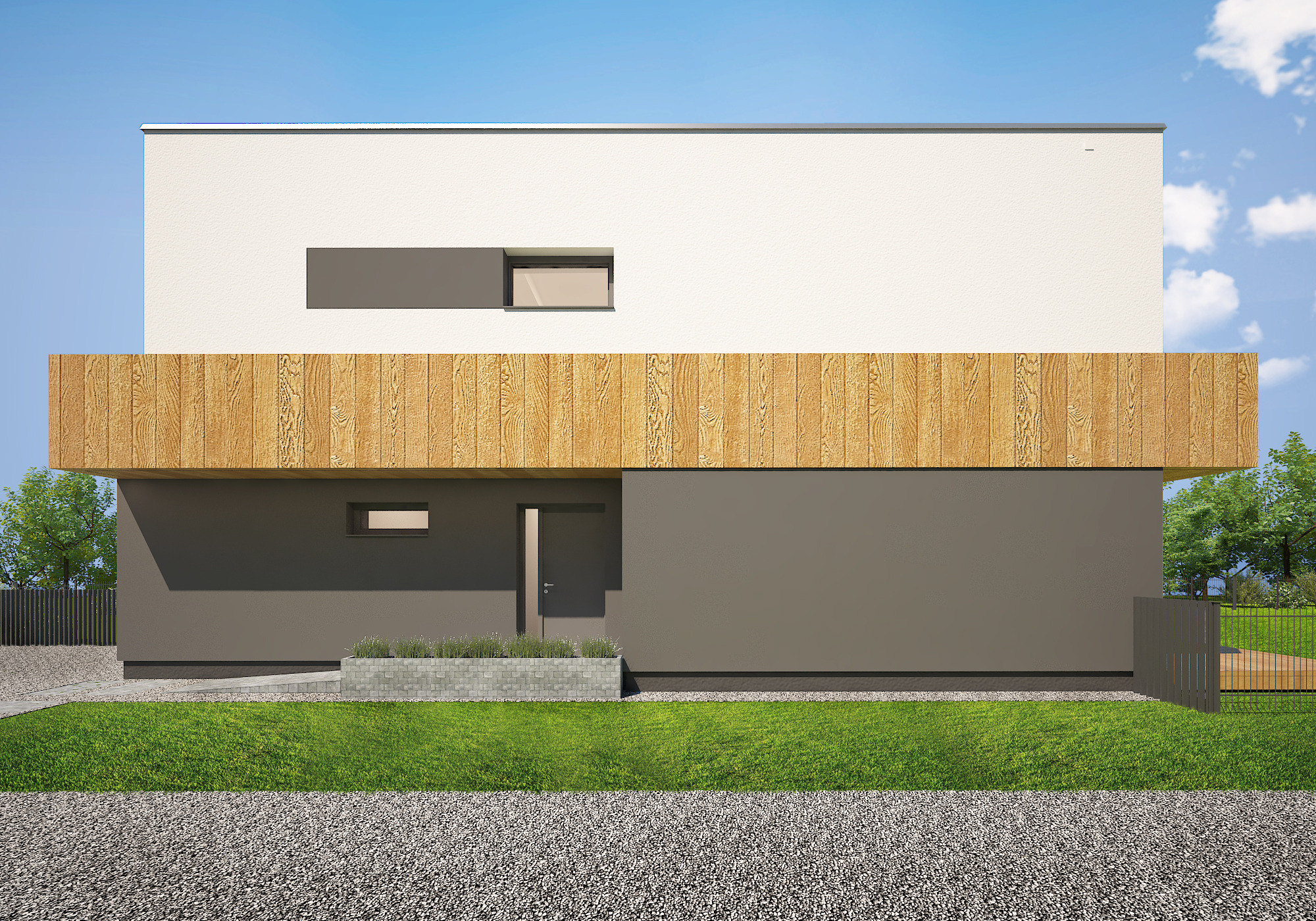 Wizualizacja bocznej elewacji nowoczesnego, dwukondygnacyjnego domu z drewnianą okładziną, szarą ścianą i niewielkim oknem, na tle zielonego trawnika i jasnego nieba.