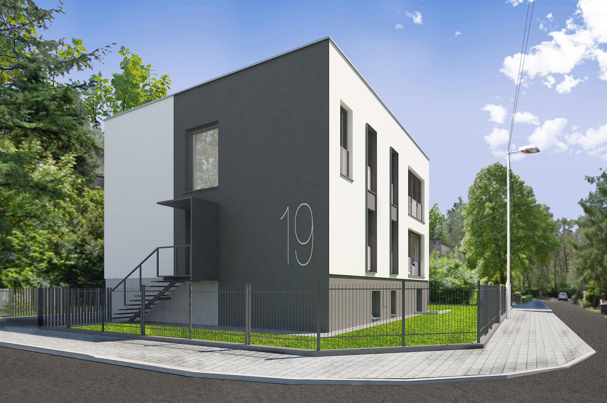 Wizualizacja nowoczesnego budynku mieszkalnego z numerem 19 w Czerwionce-Leszczynach, z szaro-białą elewacją, metalowym ogrodzeniem i zielonym trawnikiem. Widoczne schody wejściowe i okna z żaluzjami.
