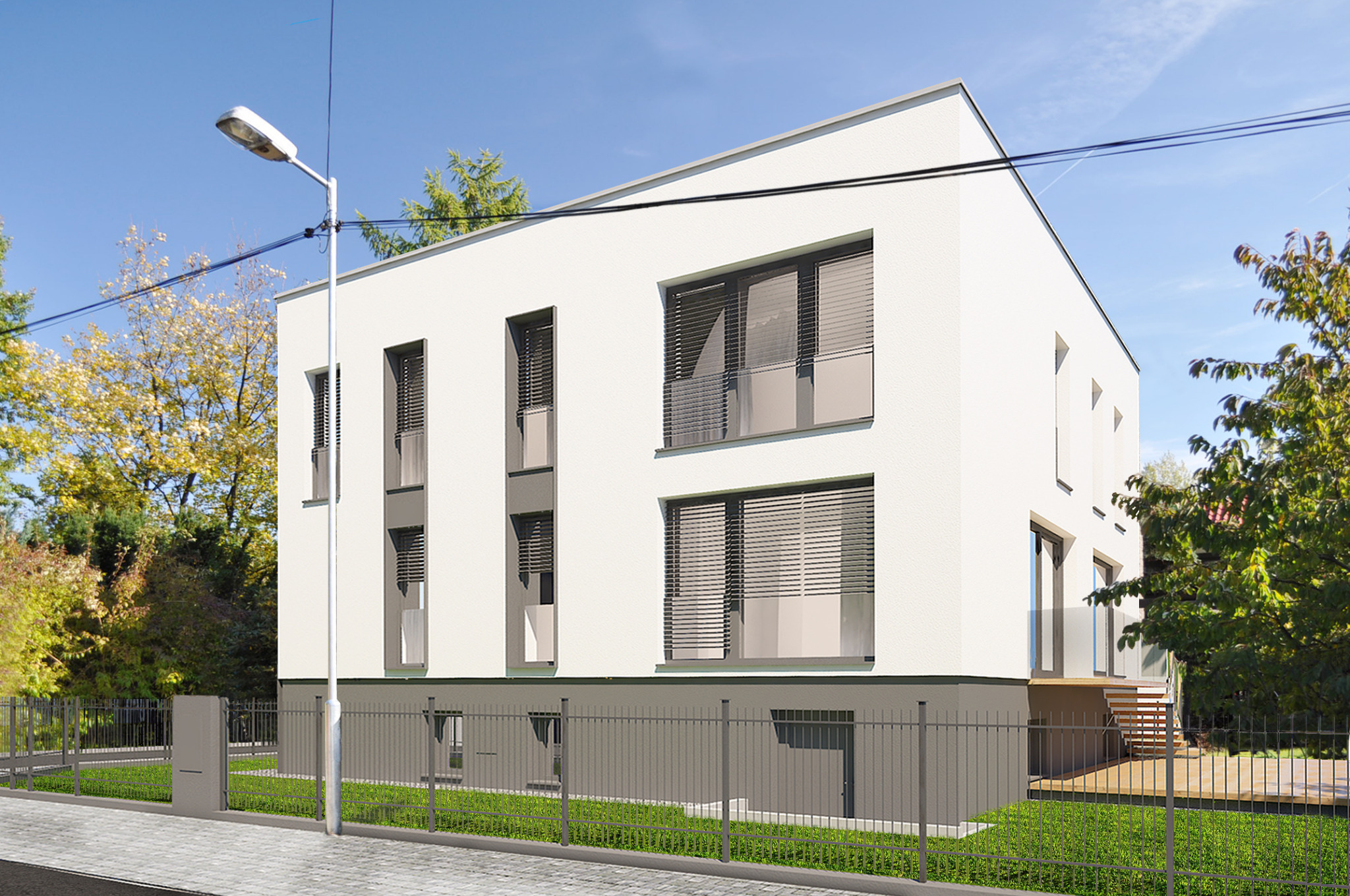 Wizualizacja nowoczesnego, dwukondygnacyjnego domu z płaskim dachem, szarymi oknami z żaluzjami, ogrodzeniem z metalowych prętów i oświetleniem ulicznym, otoczonego zielenią.