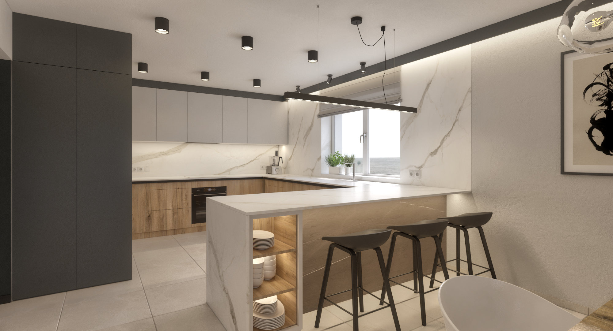 Nowoczesna kuchnia z wyspą wykończoną marmurem, drewnianymi szafkami i szarymi frontami, oświetlona listwą LED i punktowymi lampami sufitowymi, z barkiem i hokerami.