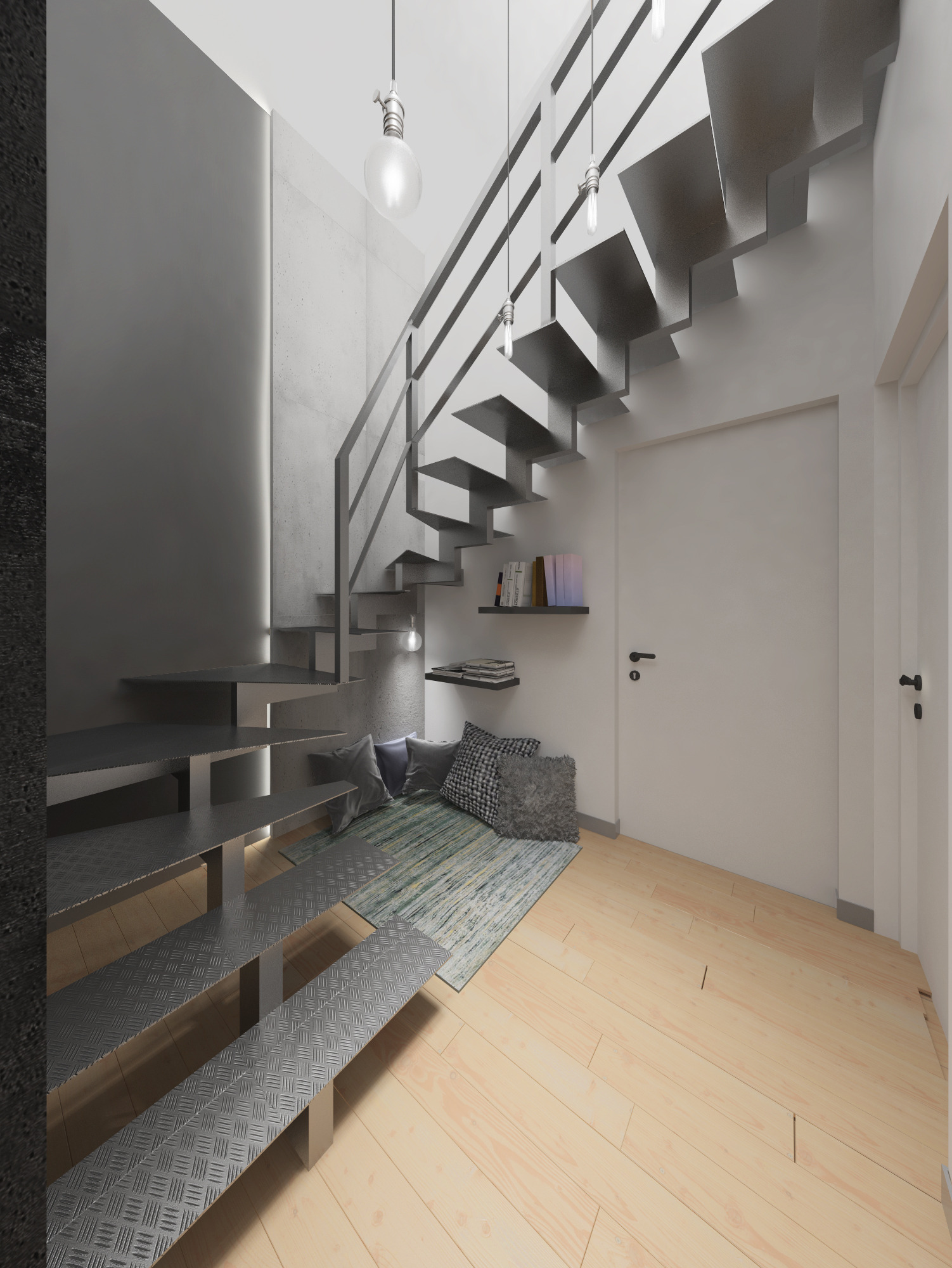 Nowoczesne schody metalowe z ażurową konstrukcją, oświetlone wiszącymi żarówkami, z miejscem do relaksu z poduszkami i dywanem, minimalistyczne wnętrze z drewnianą podłogą.