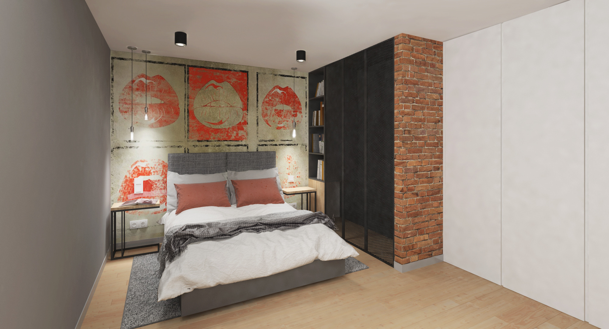 Sypialnia w stylu loft: szare łóżko z ceglastymi poduszkami, ściana z motywem ust, czarna szafa z ażurowymi drzwiami i regał z książkami, ceglana ściana, drewniana podłoga, wiszące lampy