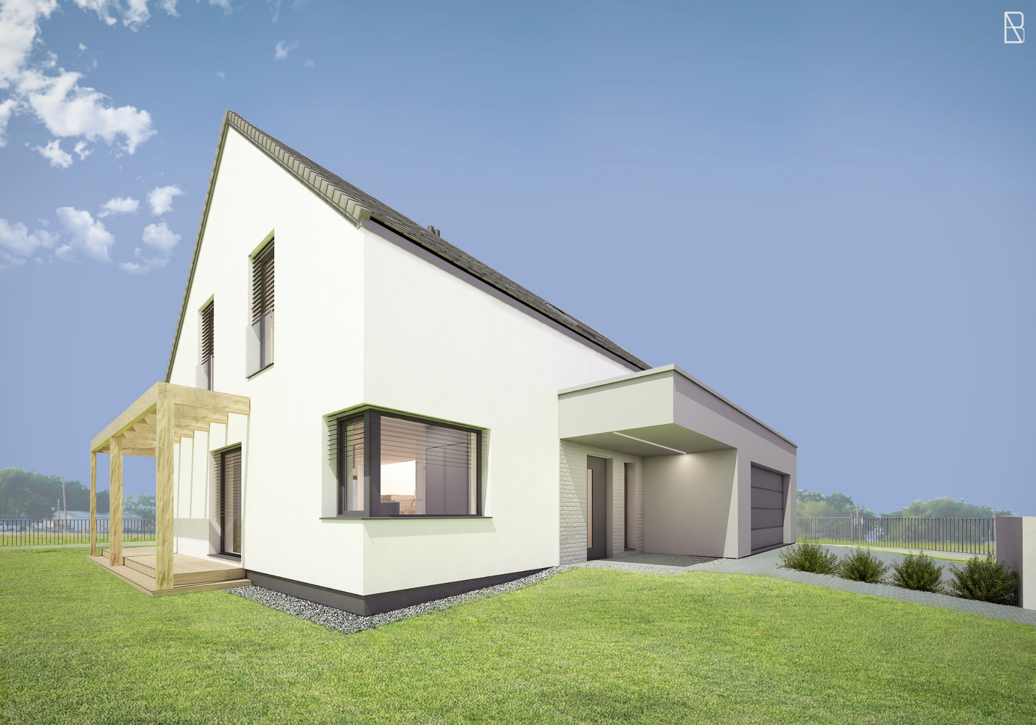 Wizualizacja nowoczesnego, białego domu jednorodzinnego z drewnianą pergolą i garażem, widok z zewnątrz na tle błękitnego nieba.