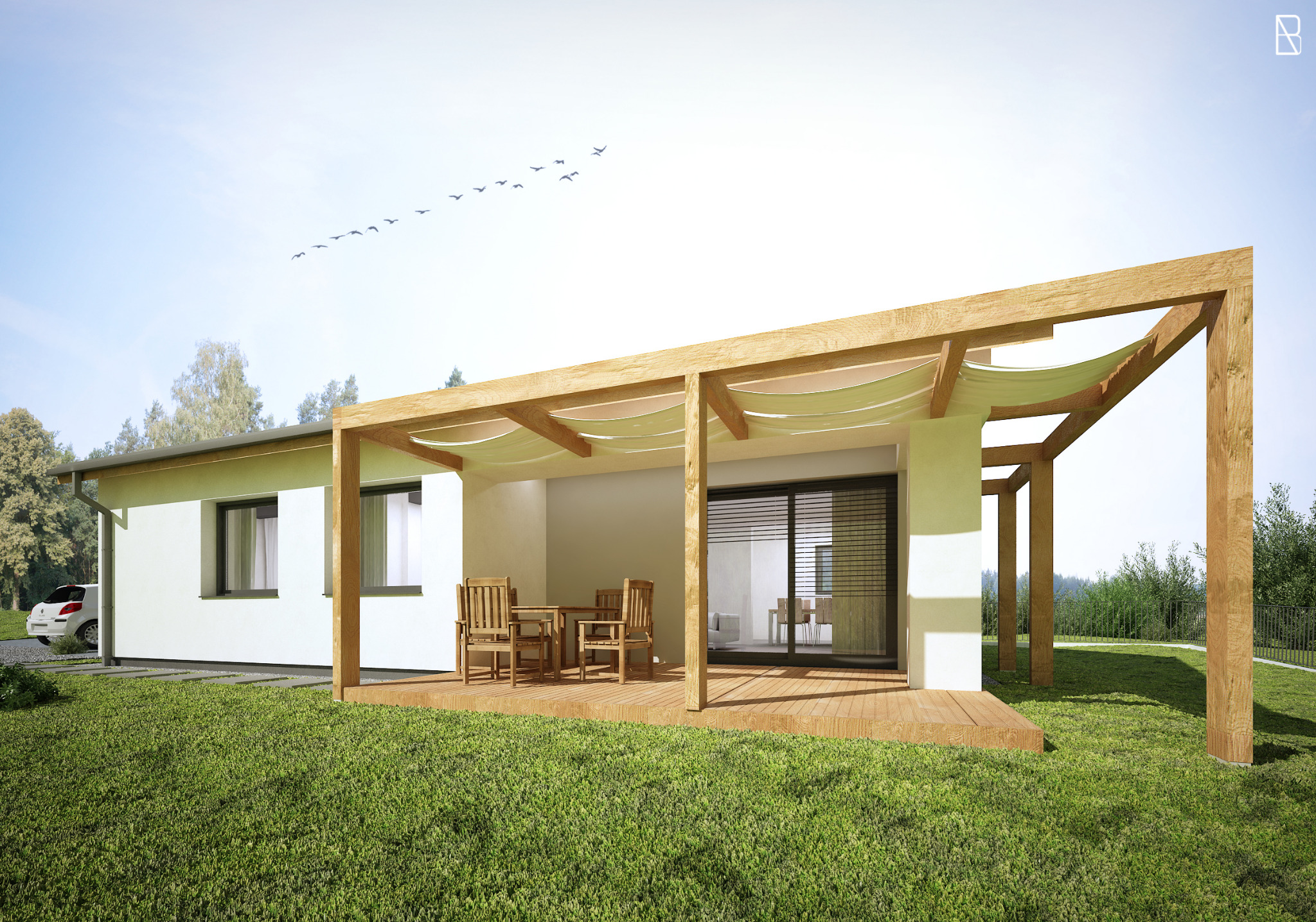 Wizualizacja domu jednorodzinnego z tarasem z drewnianą pergolą i kompletem mebli ogrodowych, widok z perspektywy trawnika, w tle biały samochód i drzewa, na niebie klucz ptaków.