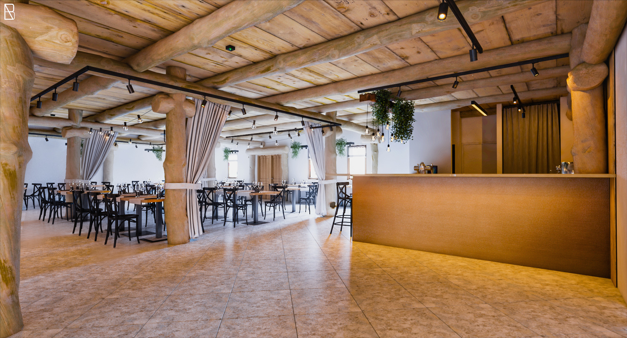 Wnętrze restauracji z drewnianym sufitem, kolumnami imitującymi pnie drzew i czarnymi krzesłami przy stołach nakrytych zastawą.