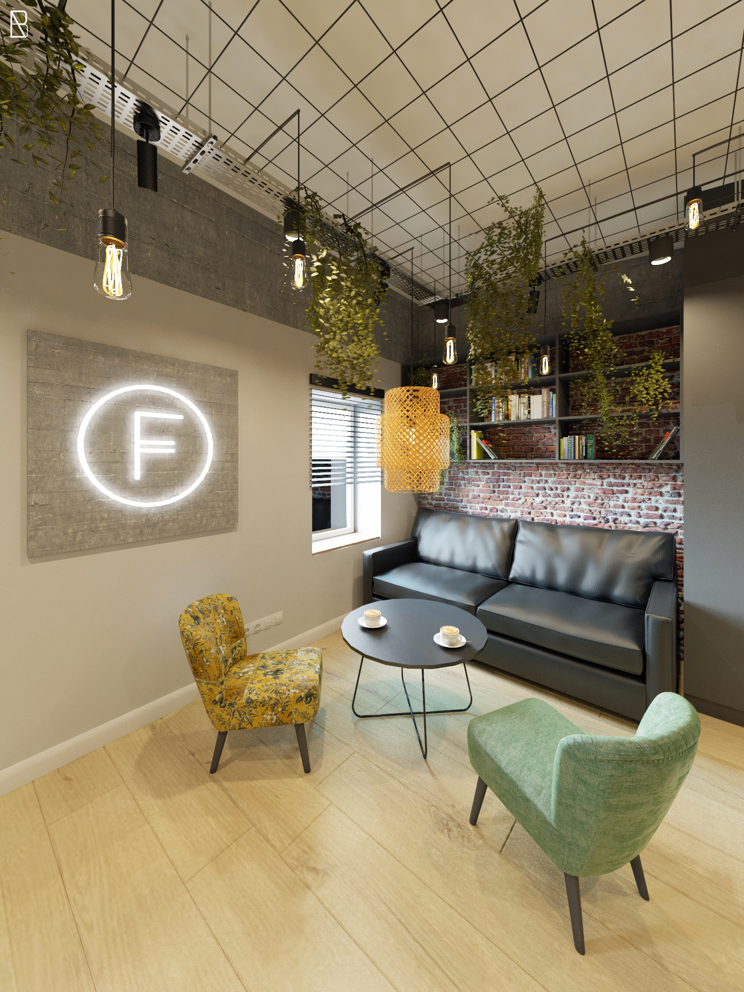 Wizualizacja wnętrza biura z neonowym logo firmy na ścianie, sofą, stolikiem kawowym z filiżankami, fotelami w stylu retro, ceglaną ścianą z półkami na książki i wiszącymi roślinami.