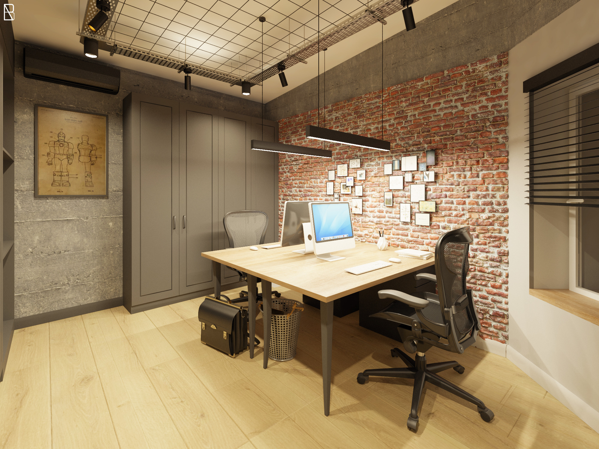 Wizualizacja nowoczesnego biura z ceglaną ścianą, drewnianym biurkiem, dwoma stanowiskami komputerowymi i wiszącymi lampami liniowymi, widoczny aktówka i kosz na śmieci pod biurkiem.