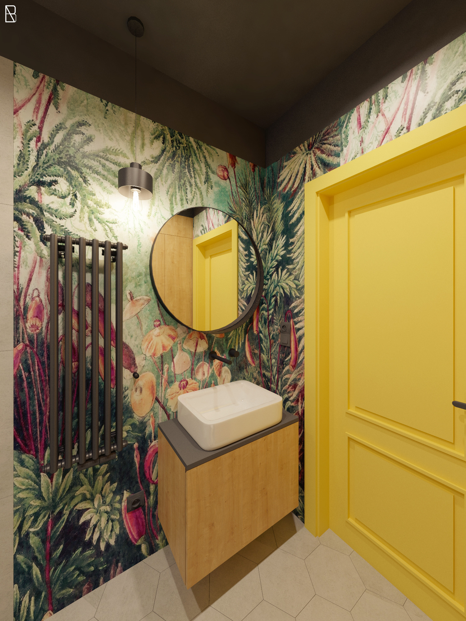 Wizualizacja łazienki z umywalką nablatową, grzejnikiem drabinkowym i żółtymi drzwiami na tle ściany w tropikalne wzory.
