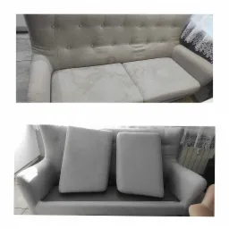 Dwu-częściowe zdjęcie beżowej kanapy: górna część z widocznymi plamami na siedzisku i oparciu, dolna część po praniu z dwiema poduszkami na siedzisku.