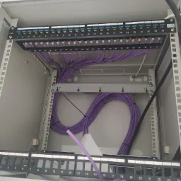 Szafa rack z patch panelem i uporządkowanymi fioletowymi kablami sieciowymi, widoczne numery portów na panelu.